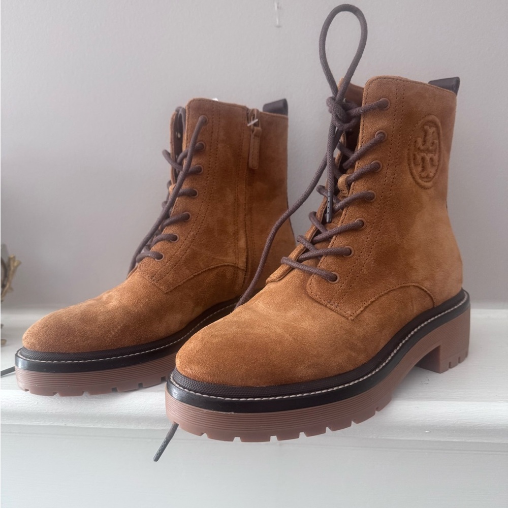 New Tory Burch Tan Suede Ankle Booties s5.5M miller embossed suede combat boots - Picture 14 of 14